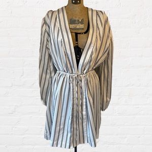 Shimera White Black Pinstriped Long Sleeve Short Above Knee Satin Robe